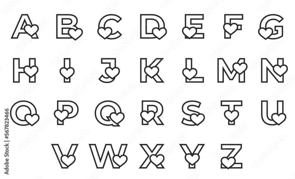 line initial letters with heart. valentine's day, romantic and love alphabet line initial letters with heart. valentine's day, romantic and love alphabet