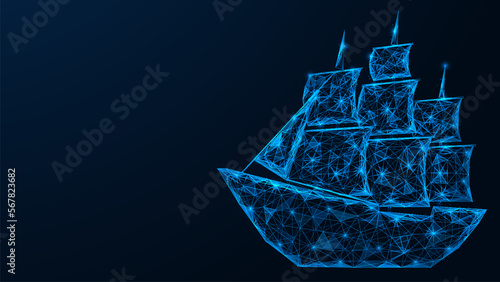 Three-masted sailing ship. Polygonal design of interconnected lines and points. Blue background.