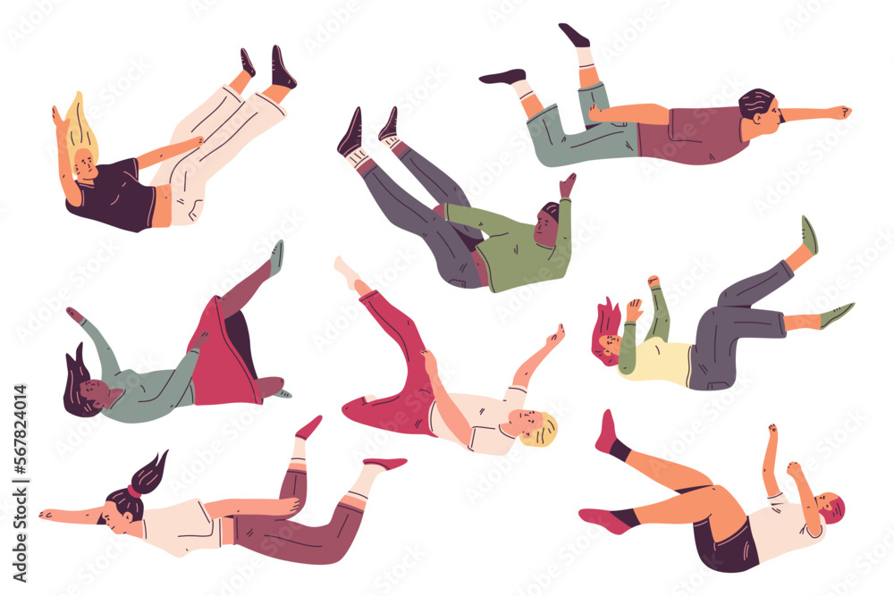 People flying and falling vector cartoon characters set isolated on a white background. People flying and falling vector cartoon characters set isolated on a white background.