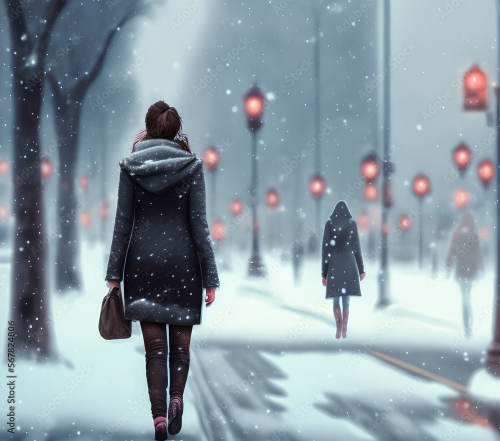 Walking Female in Street During Snow, Generative AI Illustration Walking Female in Street During Snow, Generative AI Illustration