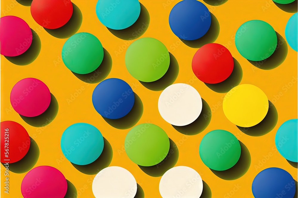  a group of different colored balls on a yellow background with a black border around them and a white border around them with a black border at the bottom.  generative ai