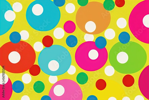  a painting of many different colored circles on a yellow background with white dots on the bottom of the image and the bottom half of the image of the circle. generative ai