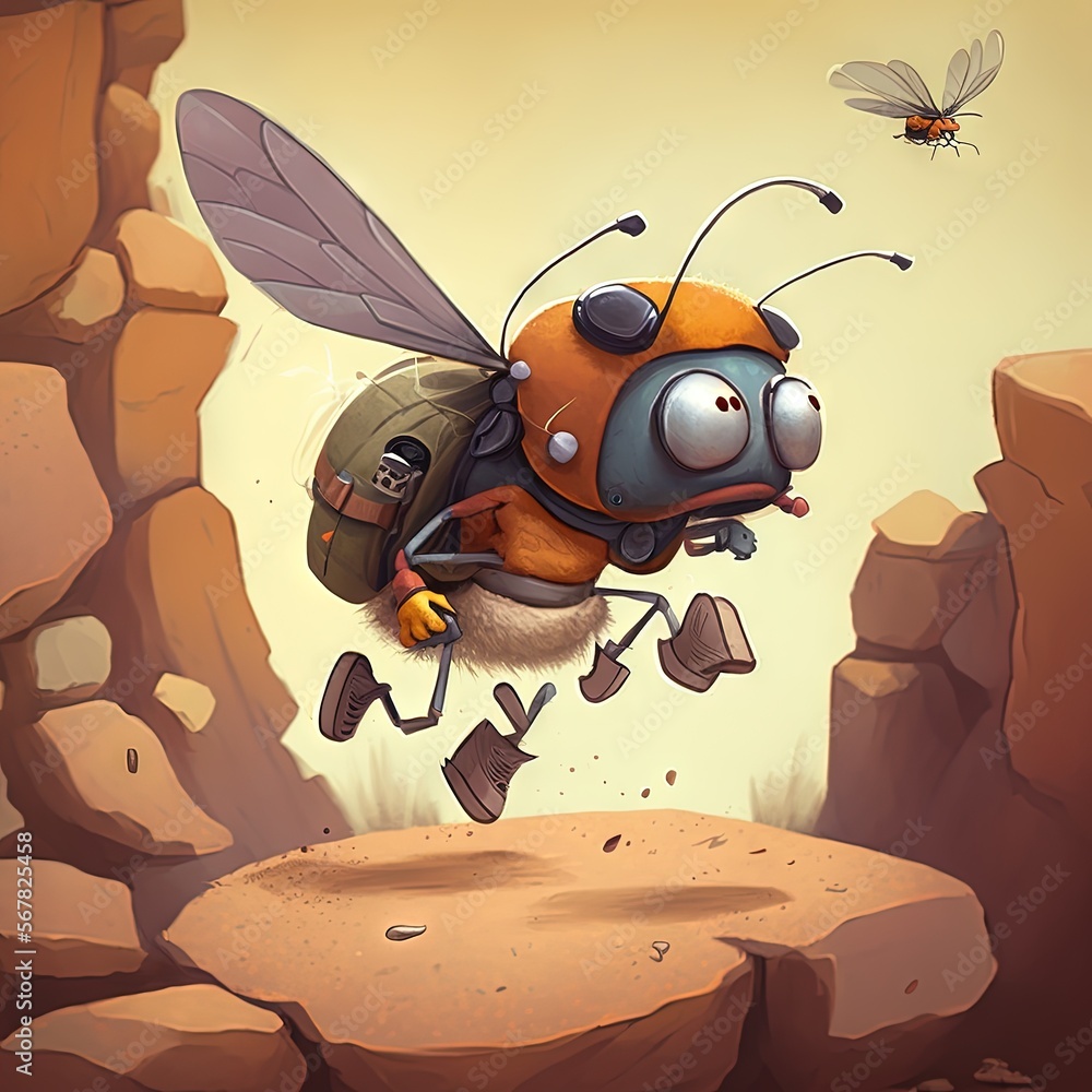 Εκτύπωση καμβά a cartoon picture of a bee flying over a rock formation with a backpack on its back and a fly insect on its back end of the image
