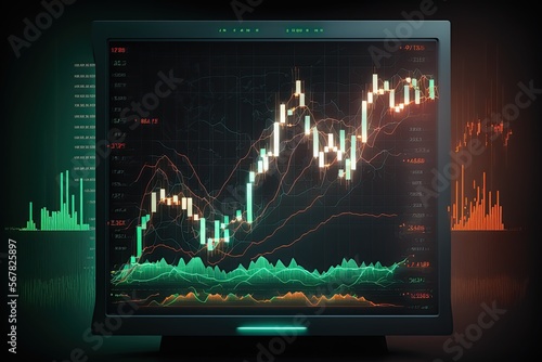 A black screen displaying candlestick stock charts. Trading and depicting financial market trends over a given time frame, using red and green candles.