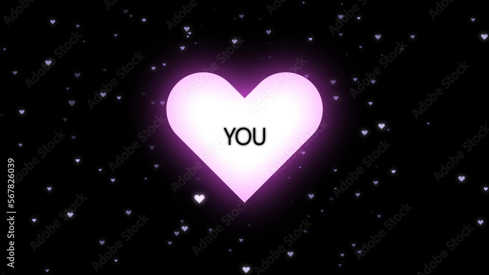 A white heart with a pink glowing outline on a background of small hearts. Animation of the heartbeat background of the movement of the flow of hearts. A heart with an inscription. Abstract romantic