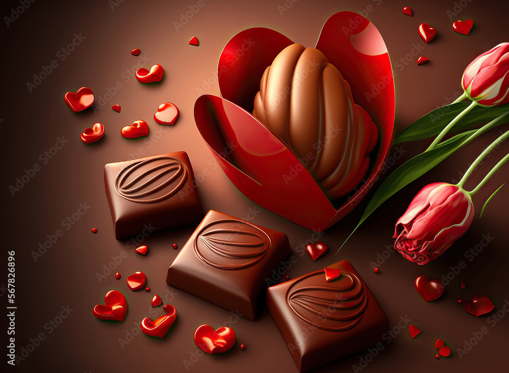 Background for Valentine's Day including red tulips, hearts, and chocolates. Generative AI Background for Valentine's Day including red tulips, hearts, and chocolates. Generative AI