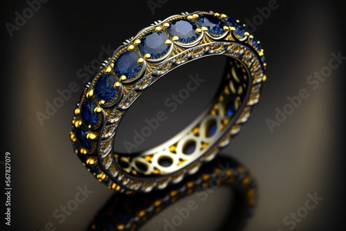 Gold round cut blue sapphire and yellow diamond full eternity ring on black background created with generative AI technology