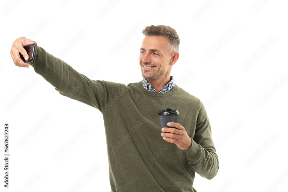 glad man blogger make selfie with coffee in studio. man blogger make selfie with coffee glad man blogger make selfie with coffee in studio. man blogger make selfie with coffee