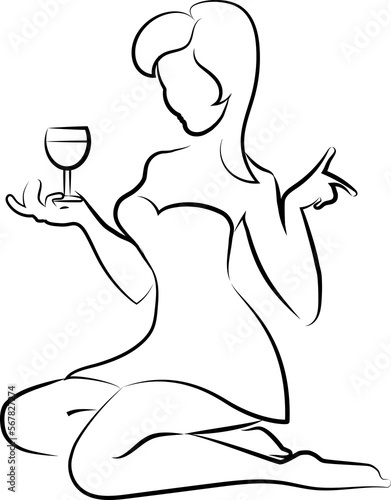 A young girl is sitting on the floor. She is resting. The girl holds a glass of wine in her hand. Black outline. Scheme. Logo.