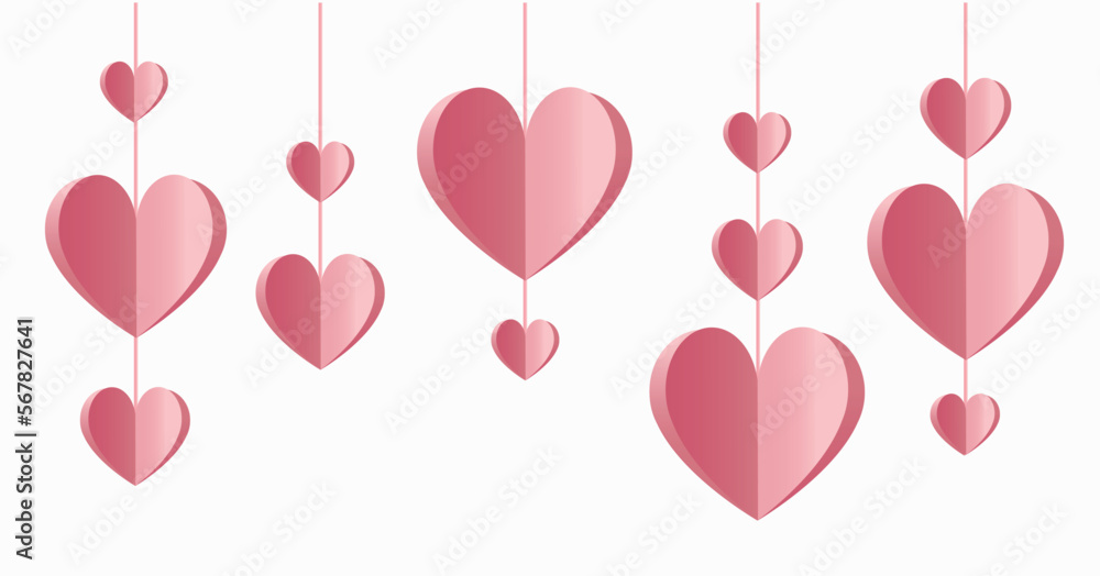 Valentine's day  pink  gradient paper hearts set. origami vector background