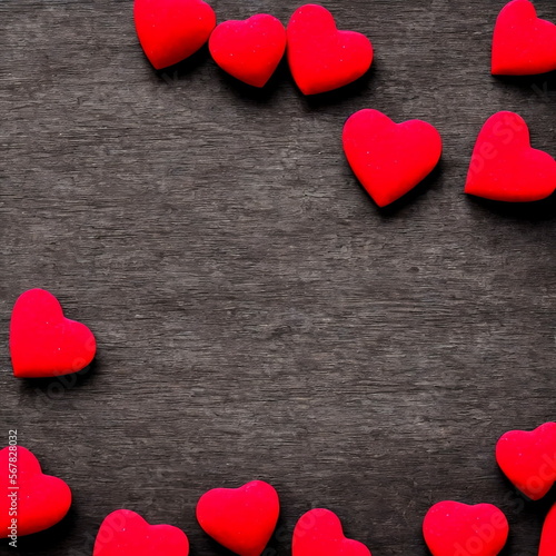 Red hearts frame on wooden backround. Valentines day