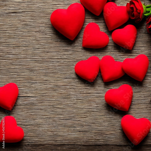 Valentine day. Red hearts with one rose on wooden background.