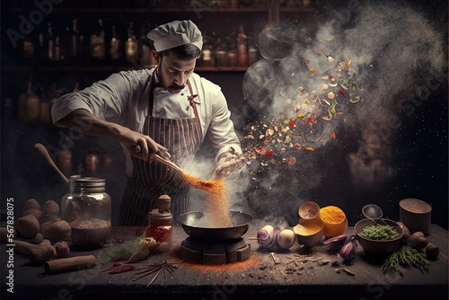  a man in a chef's hat is cooking food on a table with a lot of smoke coming out of the top of the pot. generative ai
