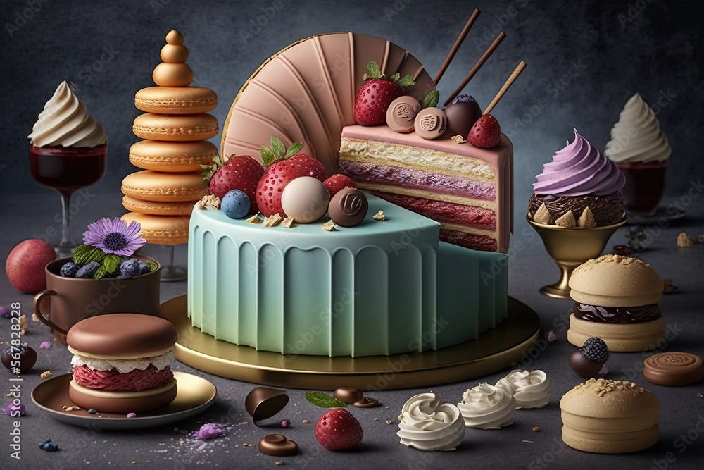 Φωτογραφία a cake surrounded by other desserts and pastries on a gray surface with a dark background and a glass of wine in the foreground