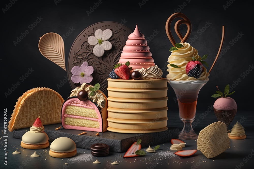 Φωτογραφία a table topped with lots of different types of cakes and desserts on top of a black tablecloth covered in confetti and cookies