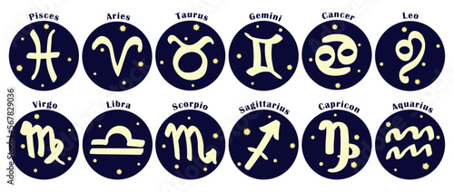 Set of zodiac signs icons with original design. Twelve astrological stickers with written names. Vector illustration. Set isolated on transparent background.