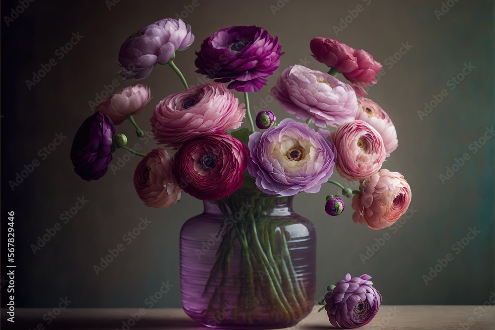 Fototapeta premium a vase filled with lots of purple and pink flowers next to a purple flower bud on top of a wooden table next to a green wall. generative ai