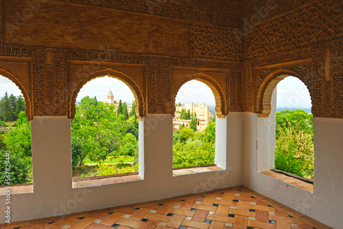 The Alhambra in Granada from the arab gazebo of the Generalife Palace, Andalusia, Spain. UNESCO World Heritage Site
