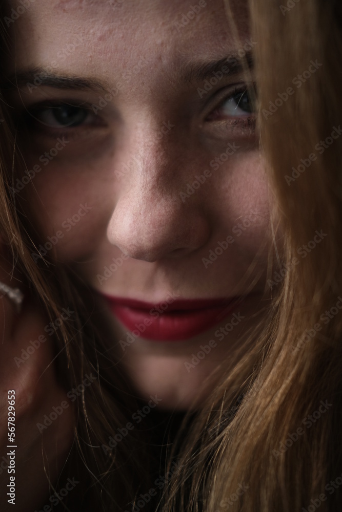 Face portraits of young beautiful girl. Hands near the face. Women looking at the camera