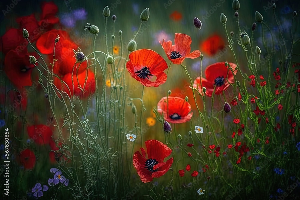 Obraz premium a painting of red flowers in a field of green grass and blue and white flowers with a black background and a green sky in the background. generative ai