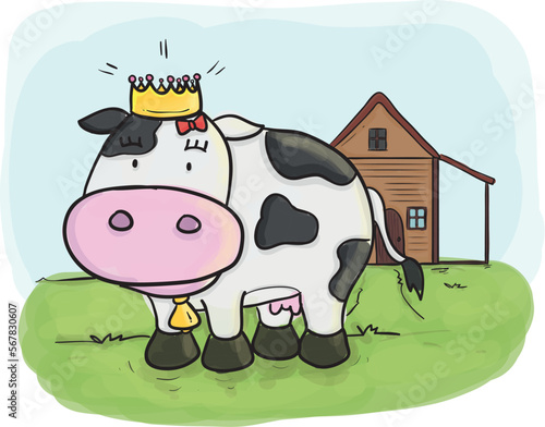 illustration of a cow in farm house use crown like a king, cartoon set