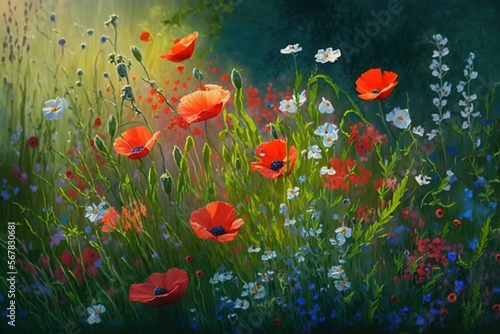  a painting of a field full of red and white flowers with a blue sky in the background and a green field with white and blue flowers.  generative ai