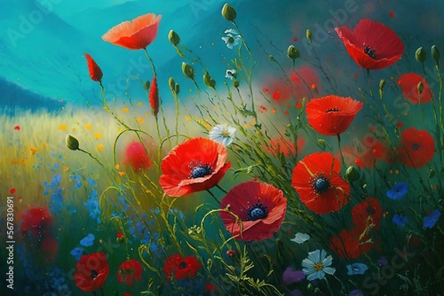  a painting of red poppies and daisies in a field of blue and green grass with mountains in the distance in the distance, with a blue sky in the background.  generative ai © Anna