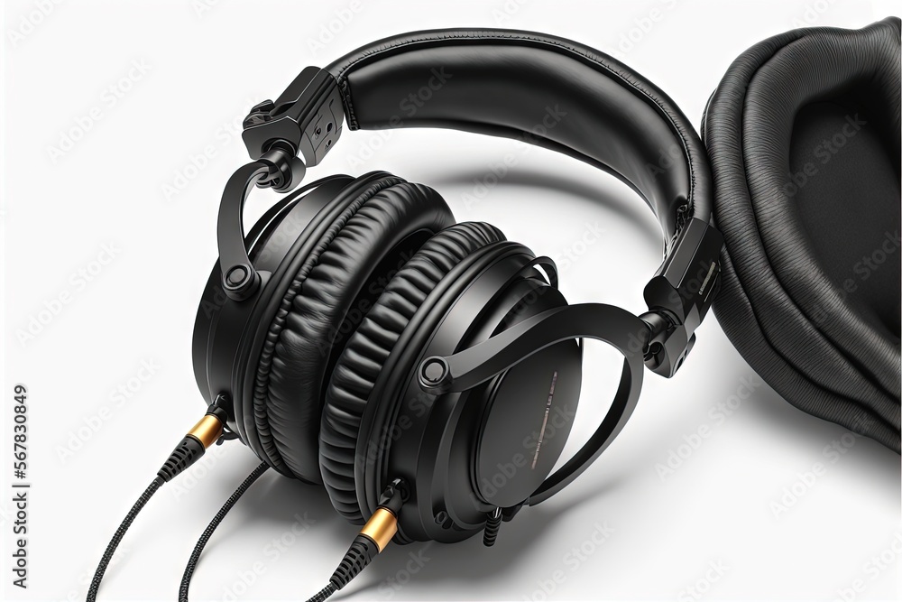 a pair of headphones with a cord attached to the headphones is laying on a white surface with a black cord in the middle of the head. generative ai a pair of headphones with a cord attached to the headphones is laying on a white surface with a black cord in the middle of the head. generative ai