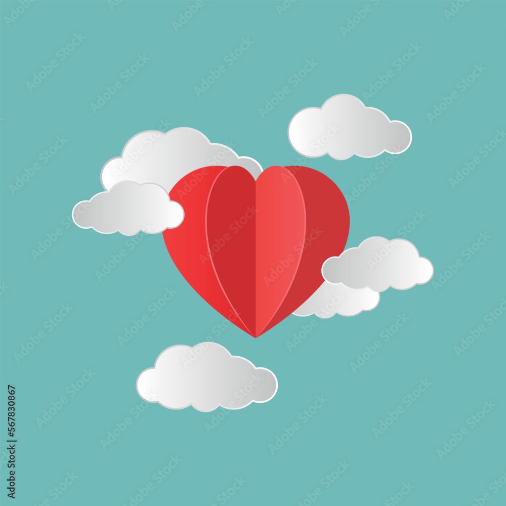 Vector illustration of paper hearts, paper clouds, Valentine's Day, red and white hearts, 3D effect.
