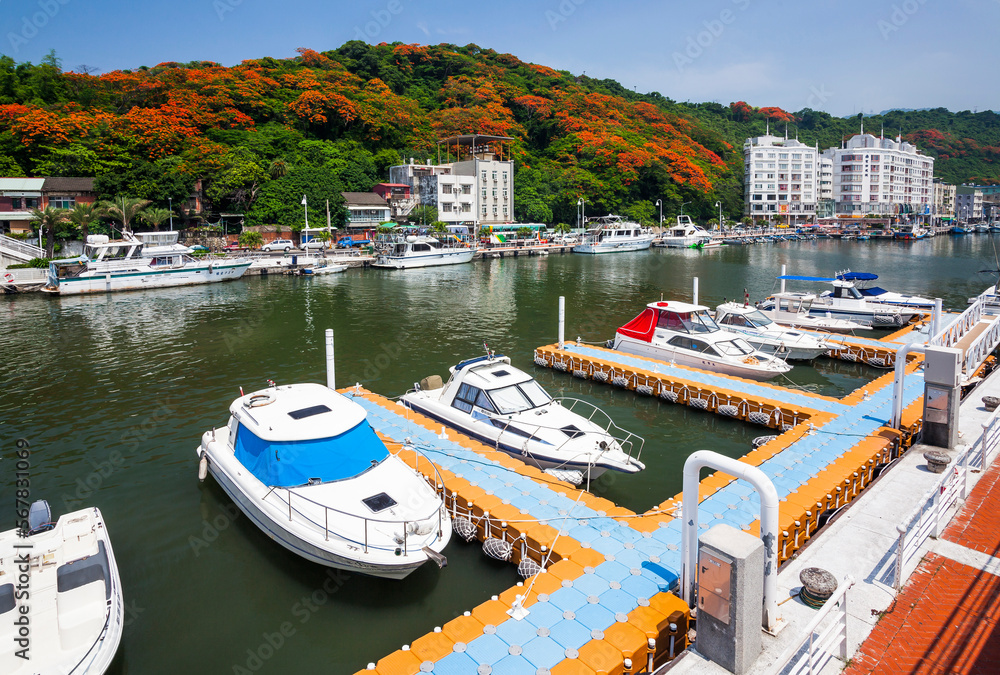 Fototapeta premium View of Shaochuantou Yacht Pier at Gushan Fishing Port of Kaohsiung, Taiwan.