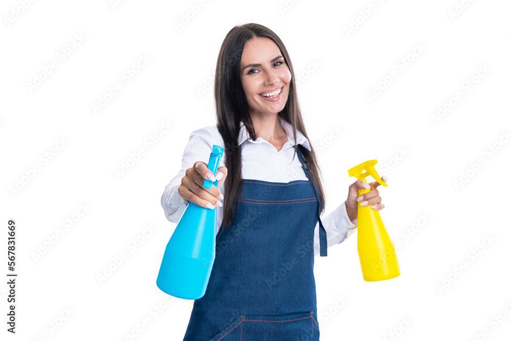 woman cleaner with pulverizer isolated on white, selective focus. woman cleaner woman cleaner with pulverizer isolated on white, selective focus. woman cleaner
