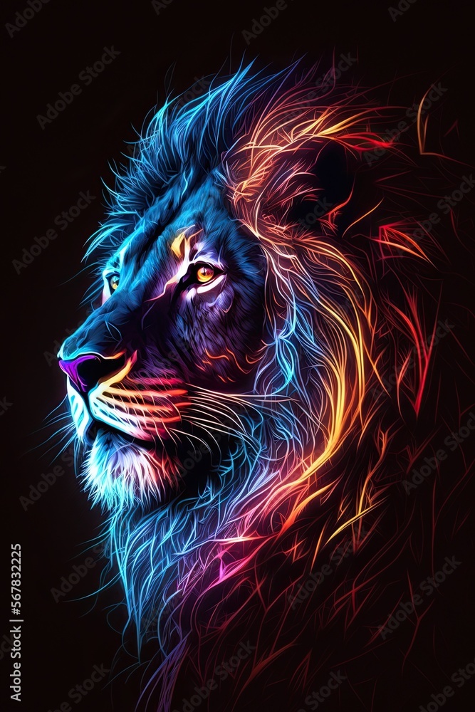 Abstract neon light Lion, artwork design, digital art, wallpaper, glowing,  space background. Generative ai Stock Illustration | Adobe Stock
