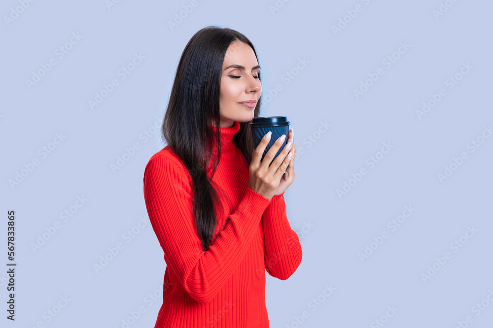 photo of woman smelling coffee cup. woman with coffee isolated on white. woman with coffee photo of woman smelling coffee cup. woman with coffee isolated on white. woman with coffee