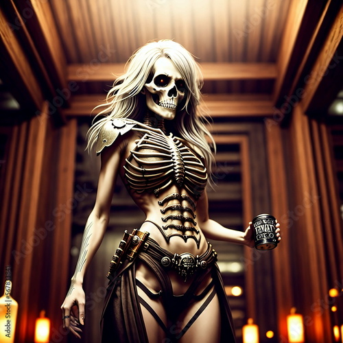 a beautiful skeleton, in a dynamic pose, with a beer, in the image of a female bartender, a bar in the background, a fantasy generated by artificial intelligence photo