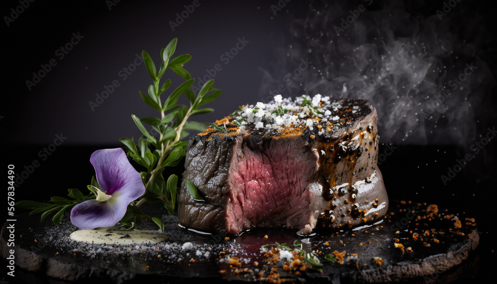 Grilled beef steak on wooden, juicy beef steak, cooked medium rare, with a charred exterior and a warm, pink center. garnished with a sprinkle of salt and cracked black pepper, and fragrant herbs.
