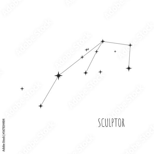 Simple constellation scheme Sculptor, Big Dipper. Doodle, sketch, drawn style, linear icons of all 88 constellations. Isolated on white background