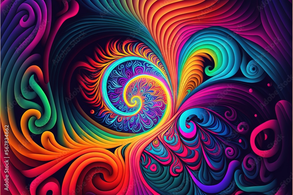Fototapeta premium a colorful abstract background with a spiral design in the middle of the image, with a black background and a white border around the image. generative ai