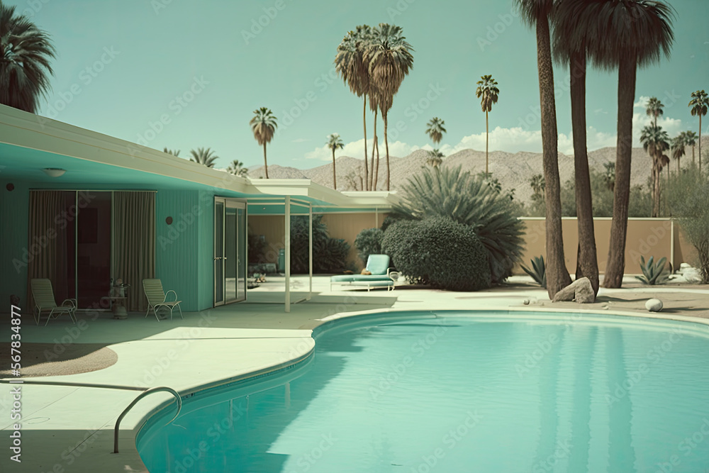 Fototapeta premium Poolside and house in Palm Springs, California, Generative AI