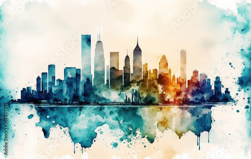Chicago cityscape is an abstract watercolor sketch from Illinois  USA. Generative AI