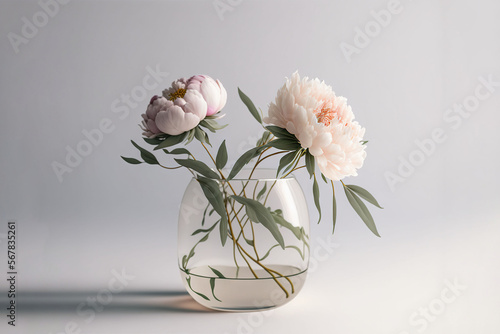  a glass vase with flowers in it on a white tableclothed surface with a shadow of a wall in the background and a white wall in the background. generative ai