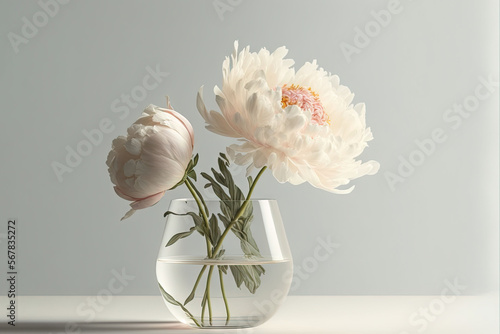  two flowers in a vase with water inside of it on a white table top with a light gray wall in the backround of the photo.  generative ai