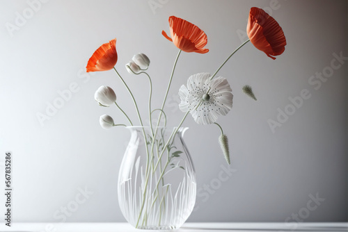  a white vase with red and white flowers in it on a white table with a white vase behind it and a white vase with red and white flowers in it.  generative ai