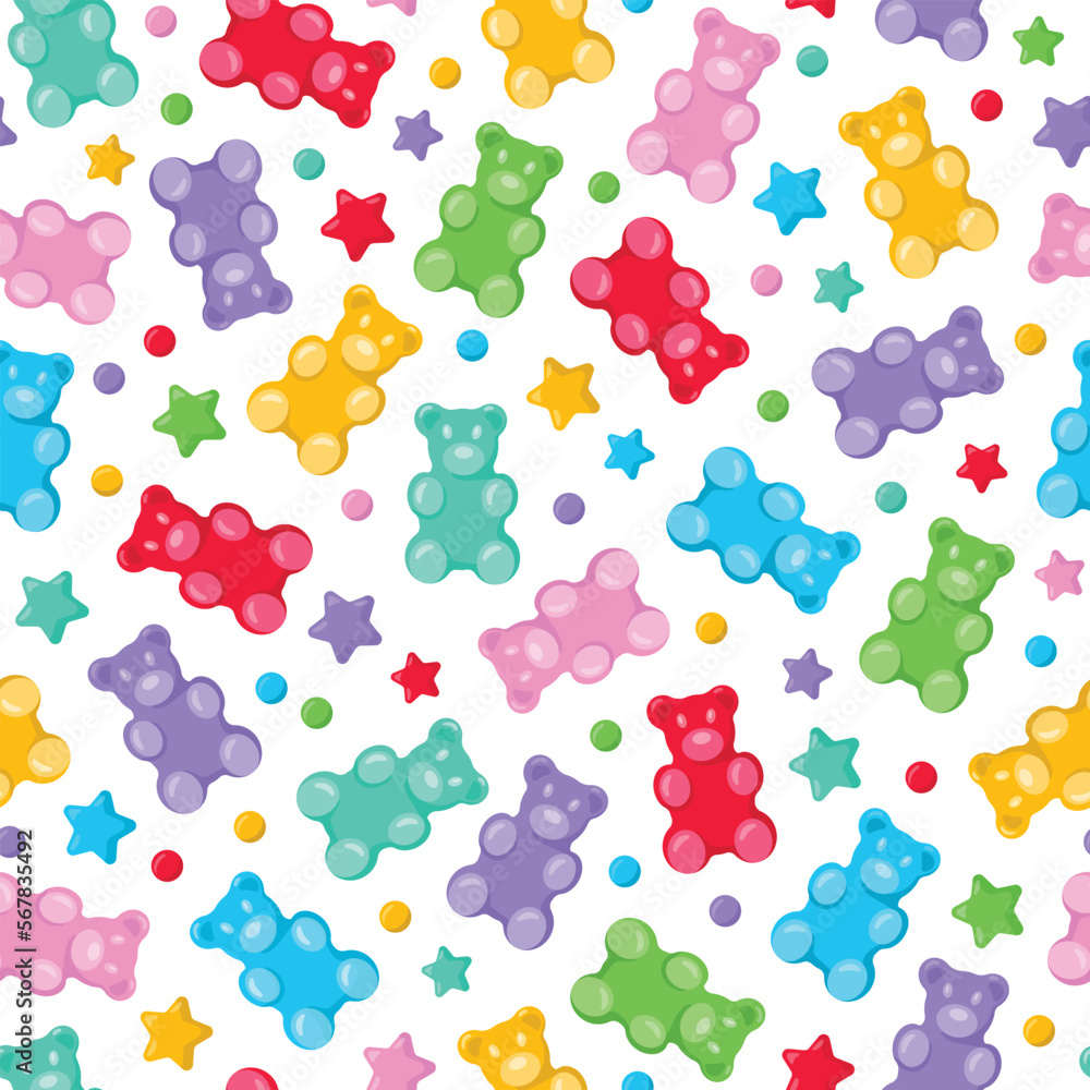 Colorful gummy bears seamless pattern, gummy candies. Bright jelly sweets background. Vector illustration