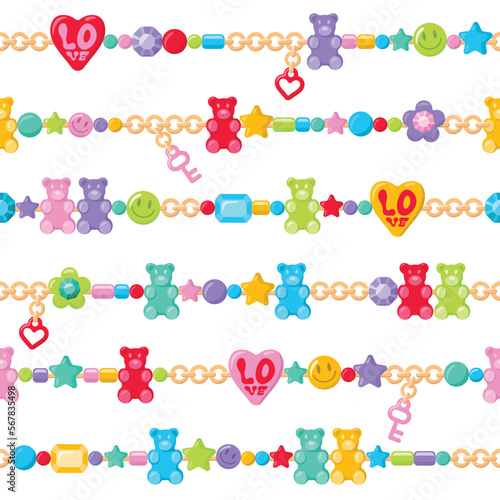 Colorful plastic bracelets with gummy bears, star, heart, flower and heart. Bright hand drawn seamless pattern. Vector illustration