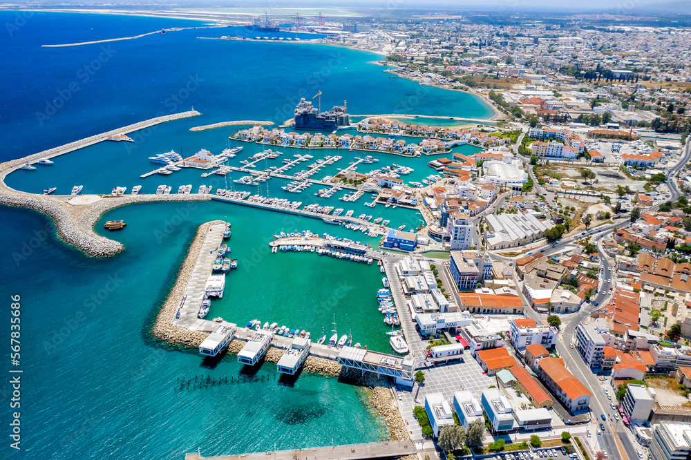 Aerial Drone Shot of Limassol Marina and Old Town. Limassol, Cyprus