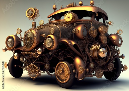 Fantasy Car in Steampunk Style, Generative AI Illustration © pandawild