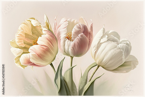 Bouquet of pastel tulips on white background. Spring themed Wrappers, wallpapers, postcards, greeting cards, wedding invitations, prints, posters. Created with AI. #567835841