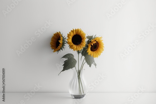  three sunflowers in a vase on a white table top with a white wall in the back ground and a white wall in the background.  generative ai