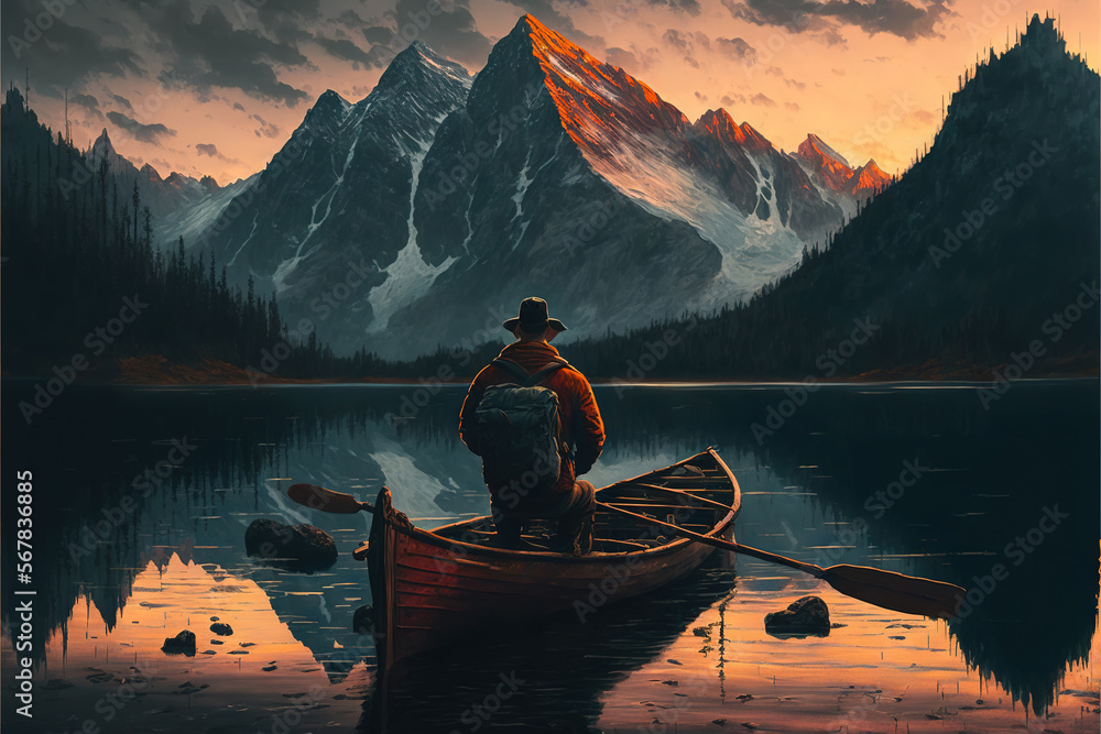  a painting of a man sitting in a boat on a lake with mountains in the background and a sunset in the sky behind him,.  generative ai