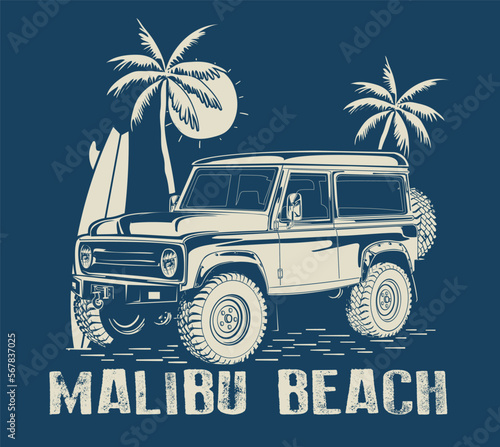 Vector surf car illustration with surfboards and palm trees. For t-shirt prints and other uses.